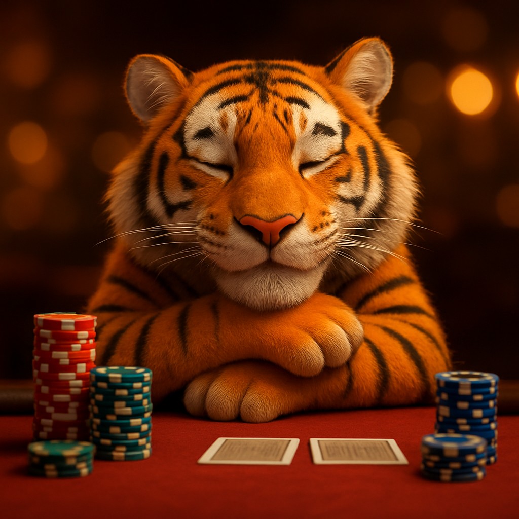 5666bet গেমিং প্ল্যাটফর্মে খেলার টেবিলে চিপস নিয়ে বসে থাকা এক হাসিখুশি টাইগার শাবক