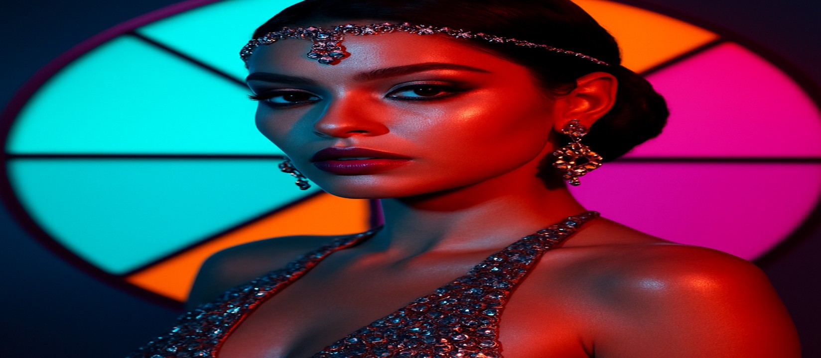 5666bet–এর রঙিন গেমিং প্ল্যাটফর্মের সামনে উজ্জ্বল পোশাকে এক নারী