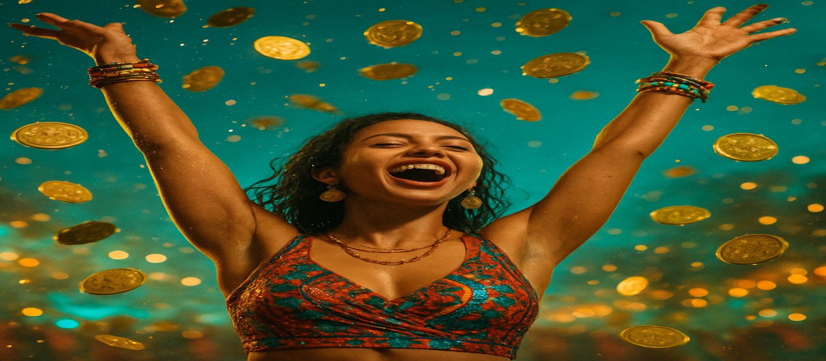মুদ্রার ধারায় ছড়ানো আলোয় রঙিন পোশাকে একজন নারী